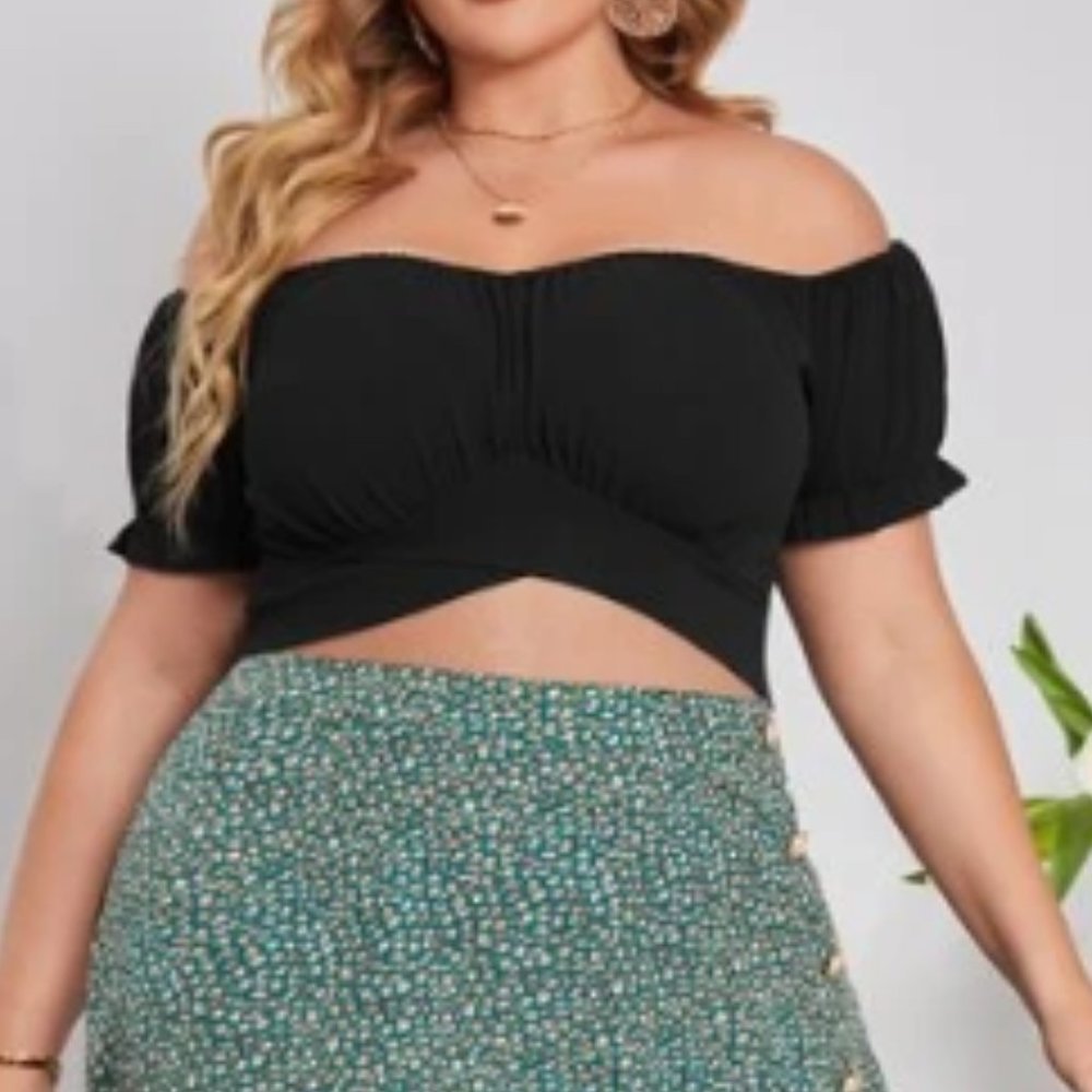 SHEIN Solid Tie Back Off Shoulder Blouse in Black